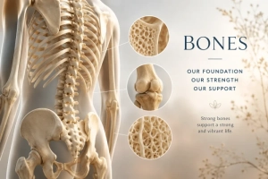 Illustration of healthy bones with soft golden light symbolising bone strength, vitality and winter wellness