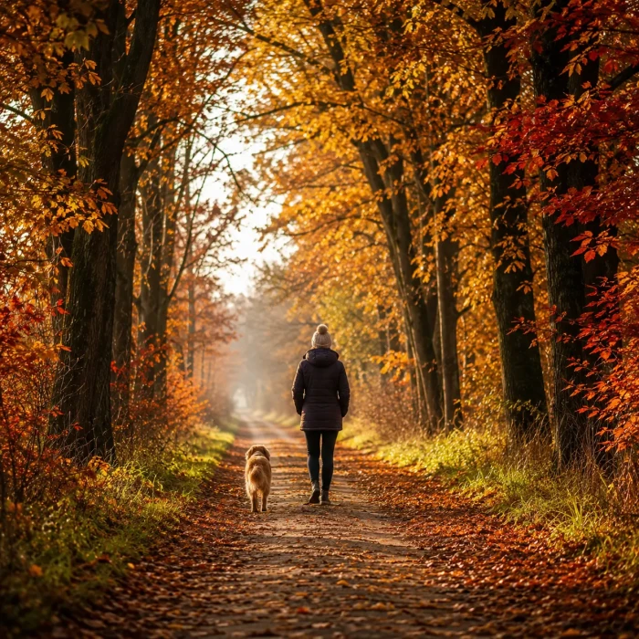 Person walking a dog along a forest path with autumn leaves during winter wellness season in Nelson New Zealand