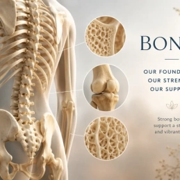 Illustration of healthy bones with soft golden light symbolising bone strength, vitality and winter wellness